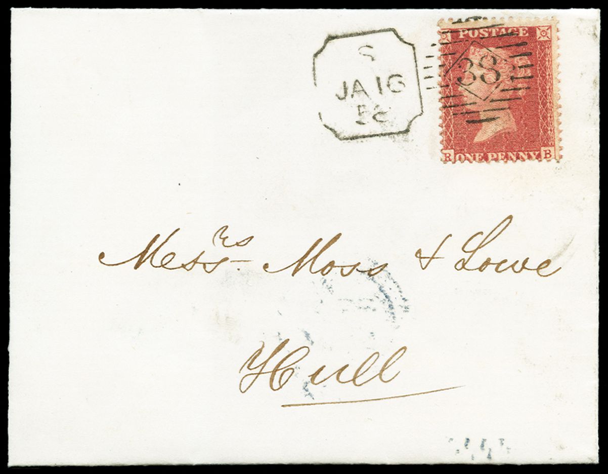 1858 1d Rose red Pl.34. Very fine unfolded wrapper sent from London to Hull bearing a 1d rose-red Pl.34 neatly tied by a...