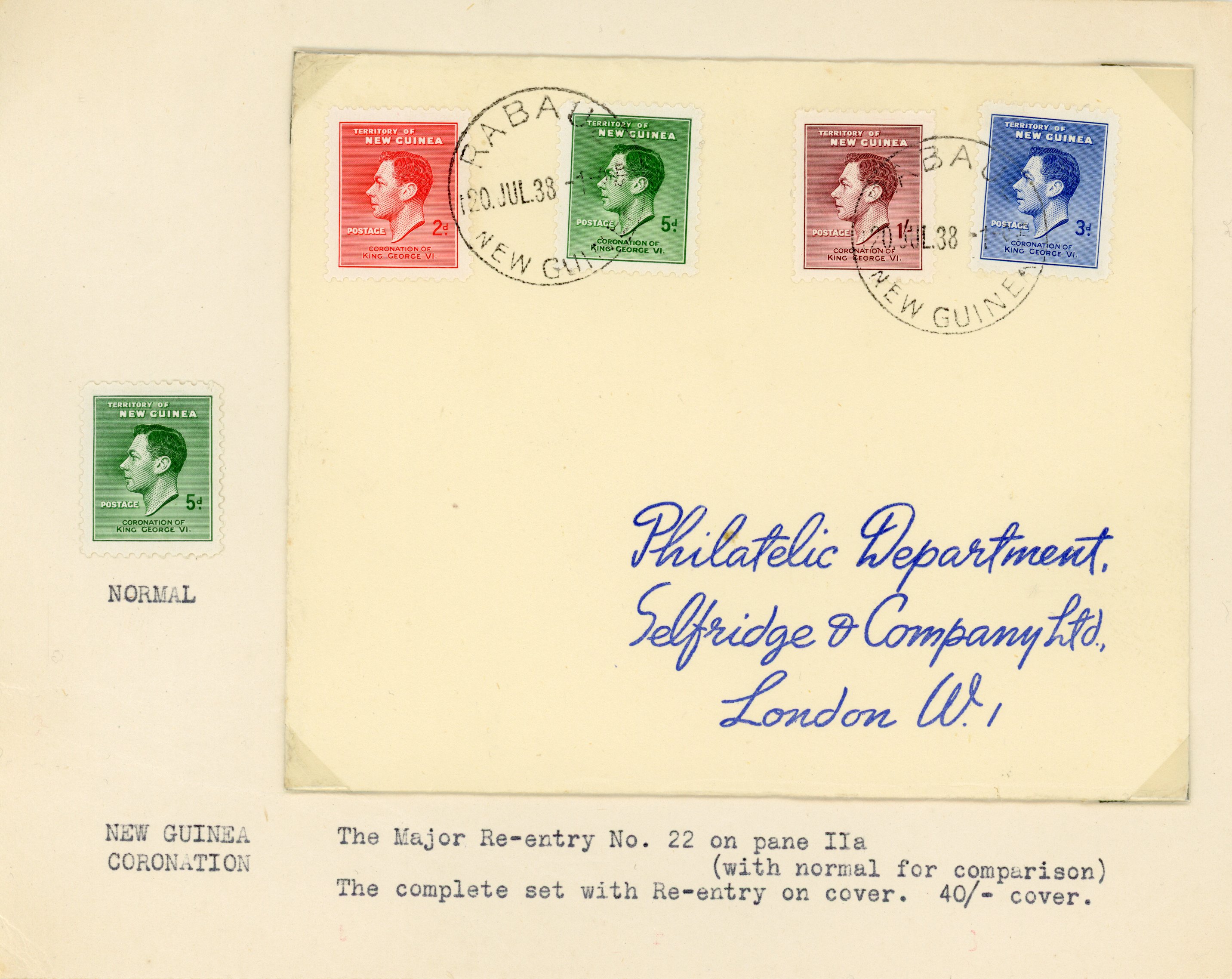 NEW GUINEA: 1937 Coronation set to 1s on cover tied Rabaul cds "20 JUL 38"  the 5d showing major re-entry, Plate 2A R5/2 