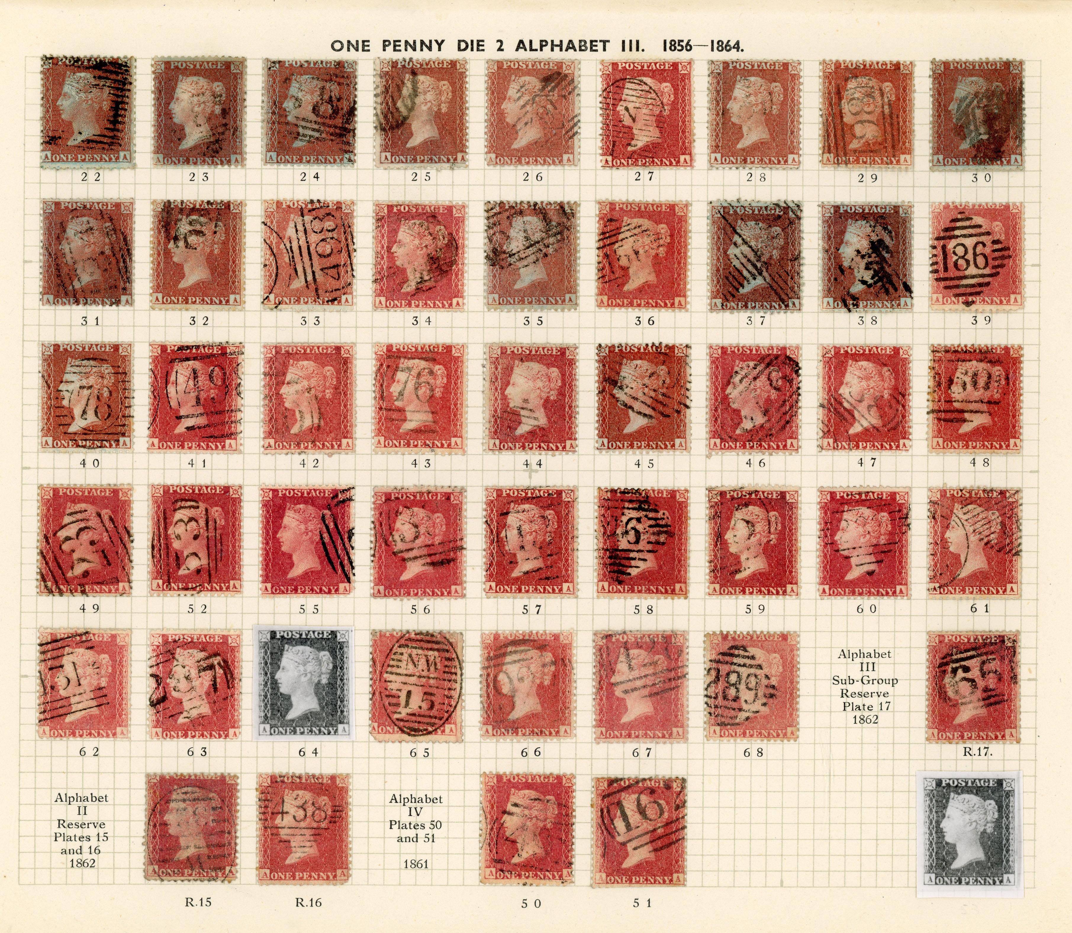 GB 1856-64 1d reds from Plates 22 - R17, the A Row