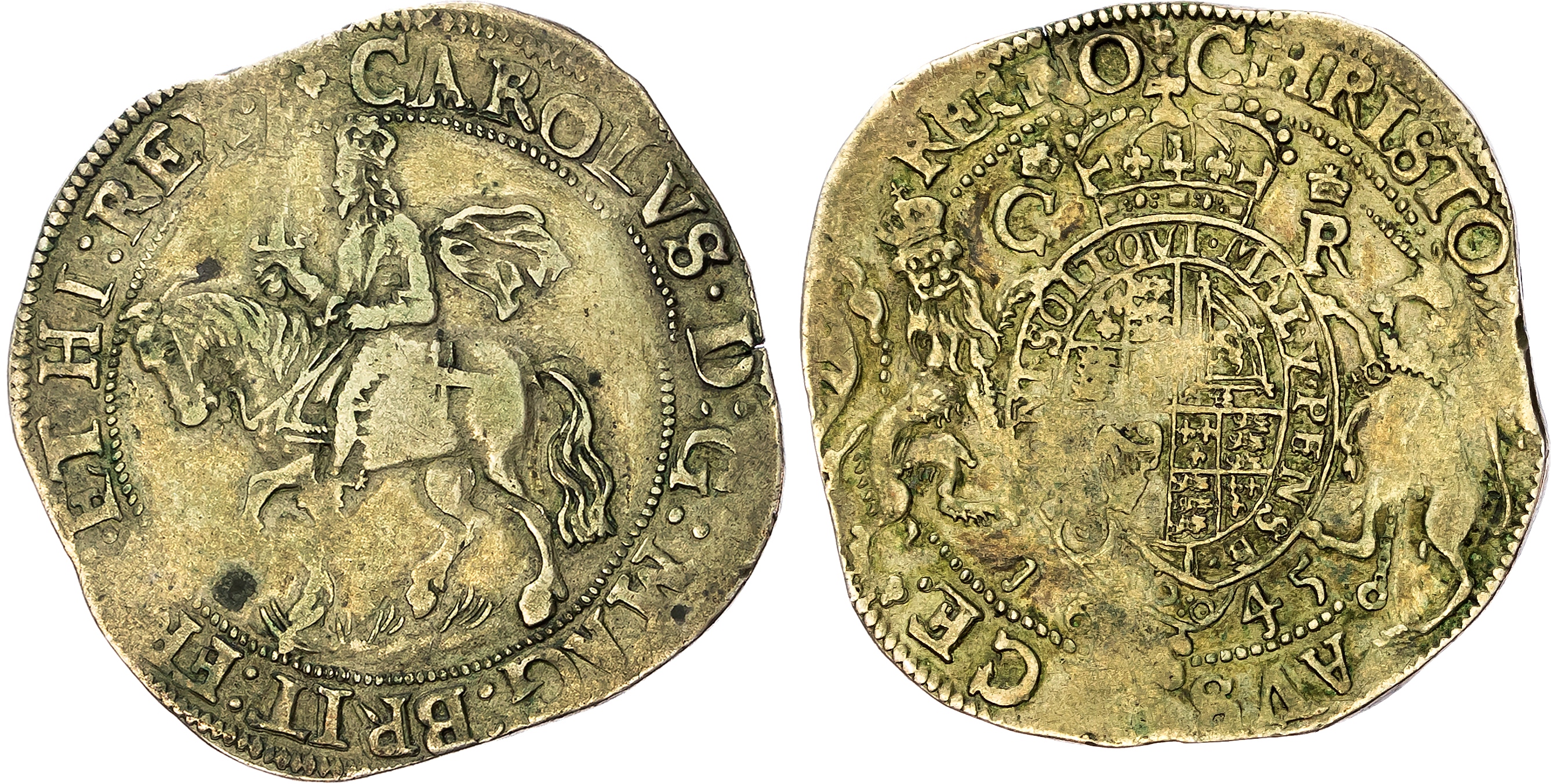 Charles I (1625-1649), AR Halfcrown 1645, Uncertain (Hereford?) mint, mm : Lis. King on horseback left over grassy groun…