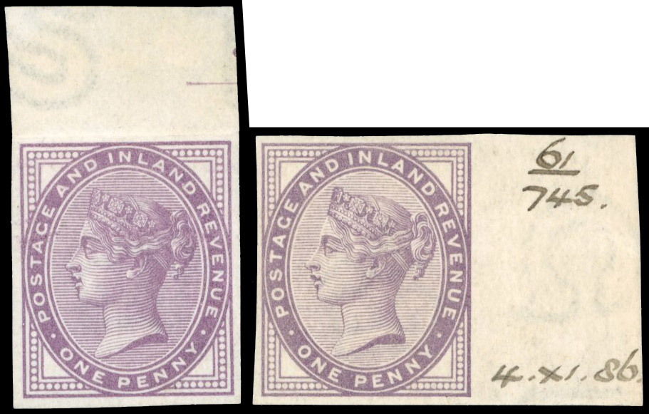 GB 1881 1d lilac (Die I & II) pair of imperforate imprimaturs, For SG 170 & 172
