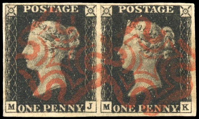GB 1840 1d black Plate 5 horizontal pair, SG 2