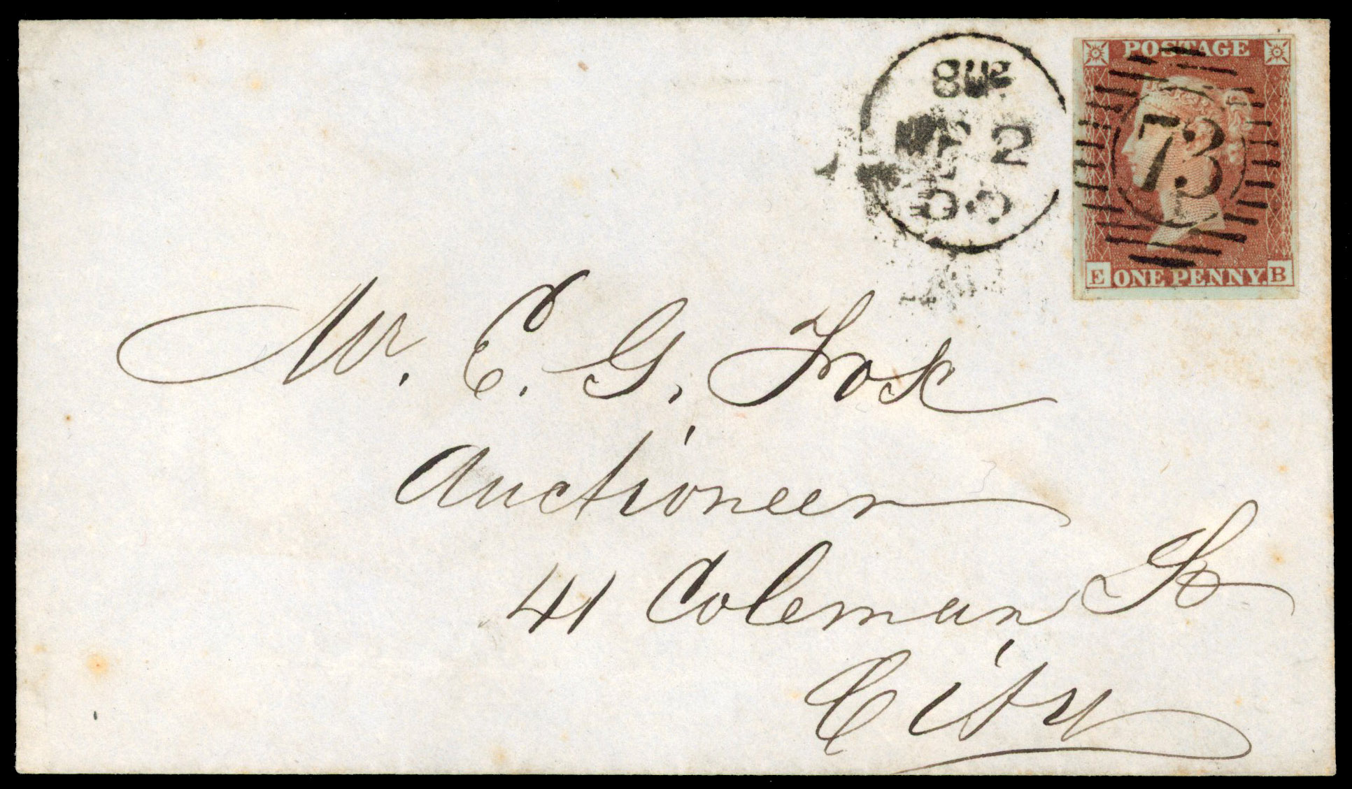 1854 1d Red brown Pl.203 (Die I, Alphabet II, Wmk. Small Crown) Imperforate on cover