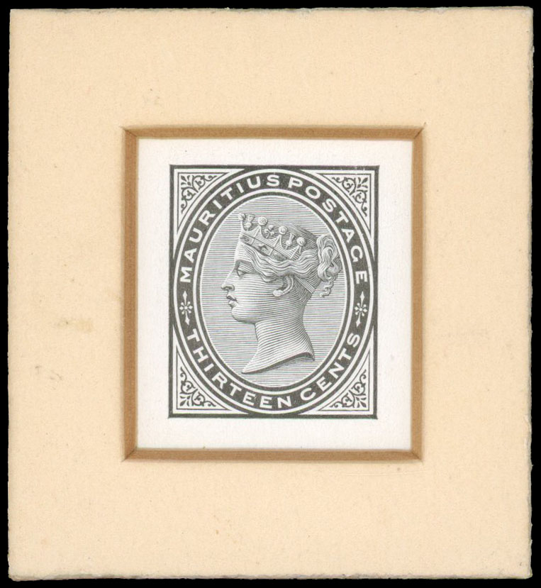 1880 13c die proof in black on glazed card, in black, sunk in small frame (detached) otherwise fine.
