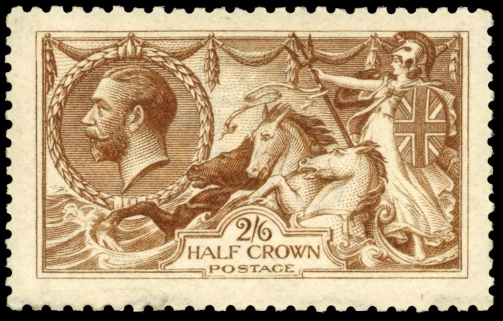 GB: 1915 DLR 'Seahorse' 2s6 deep bright yellow brown, large part o.g. with lovely fresh colour