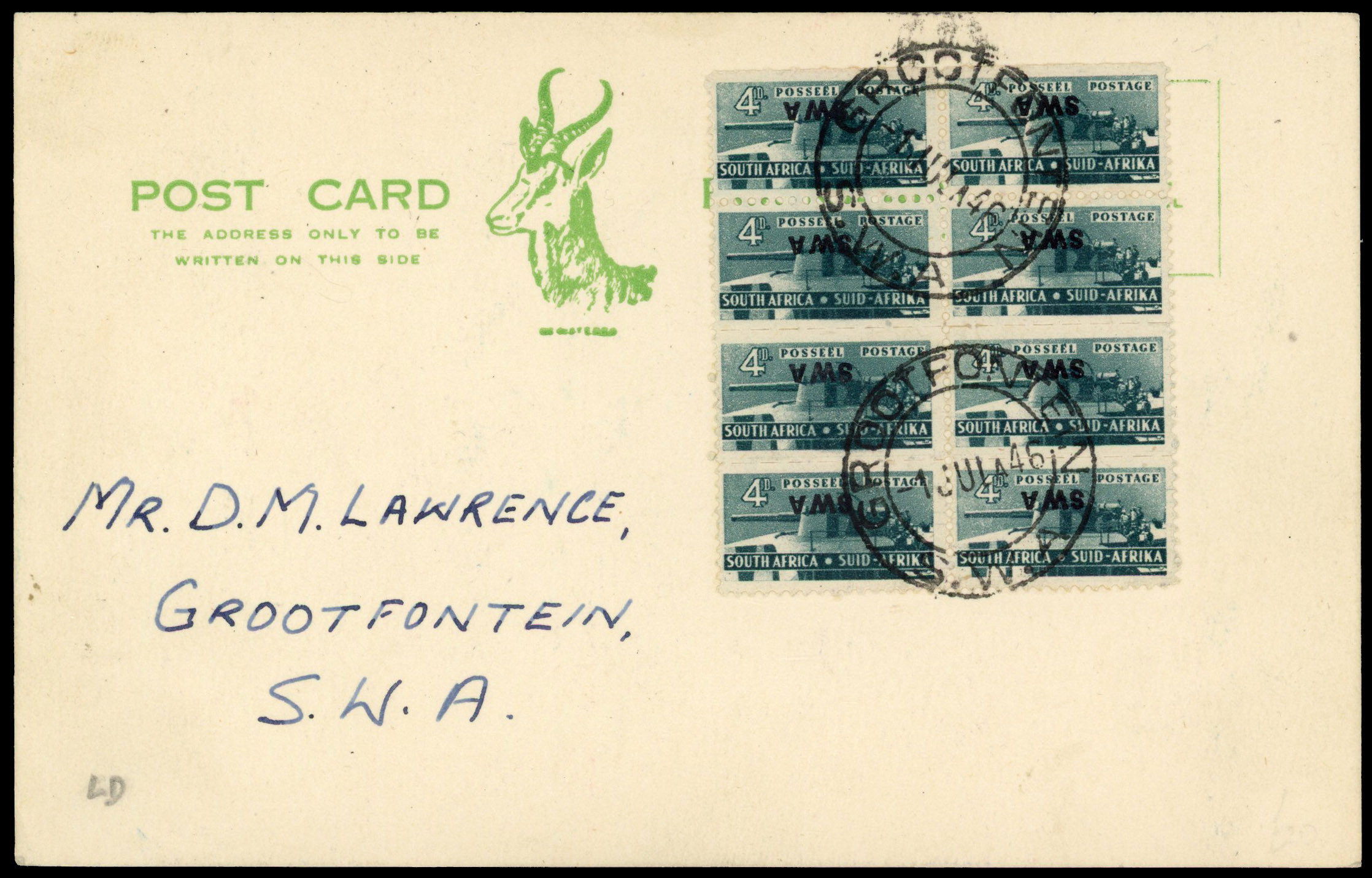 SWA SG 129a block used on postcard