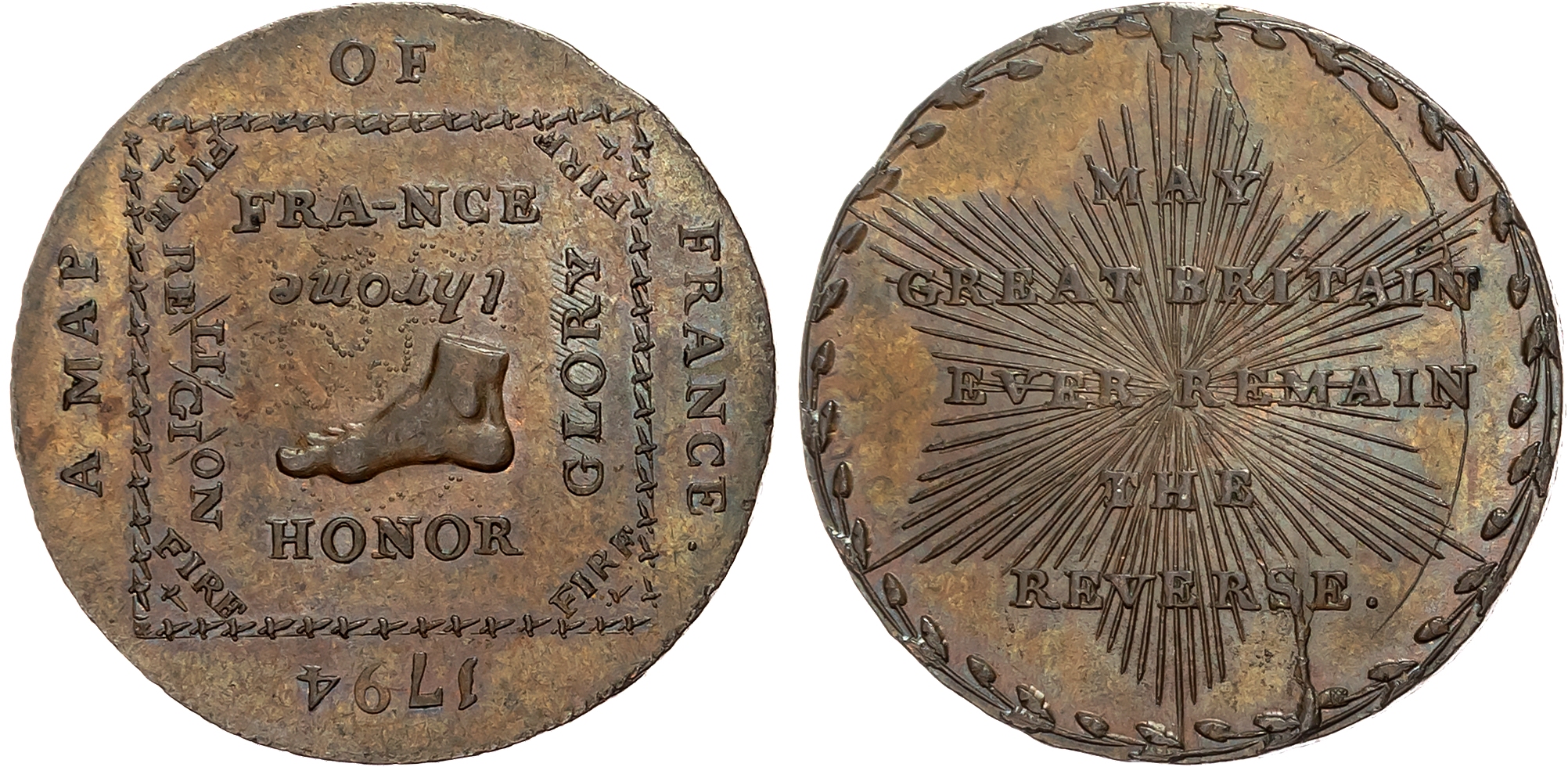 London, Political Series , Mainwaring’s satirical Map of France Halfpenny 1794, Map of France with honour underfoot, fi …