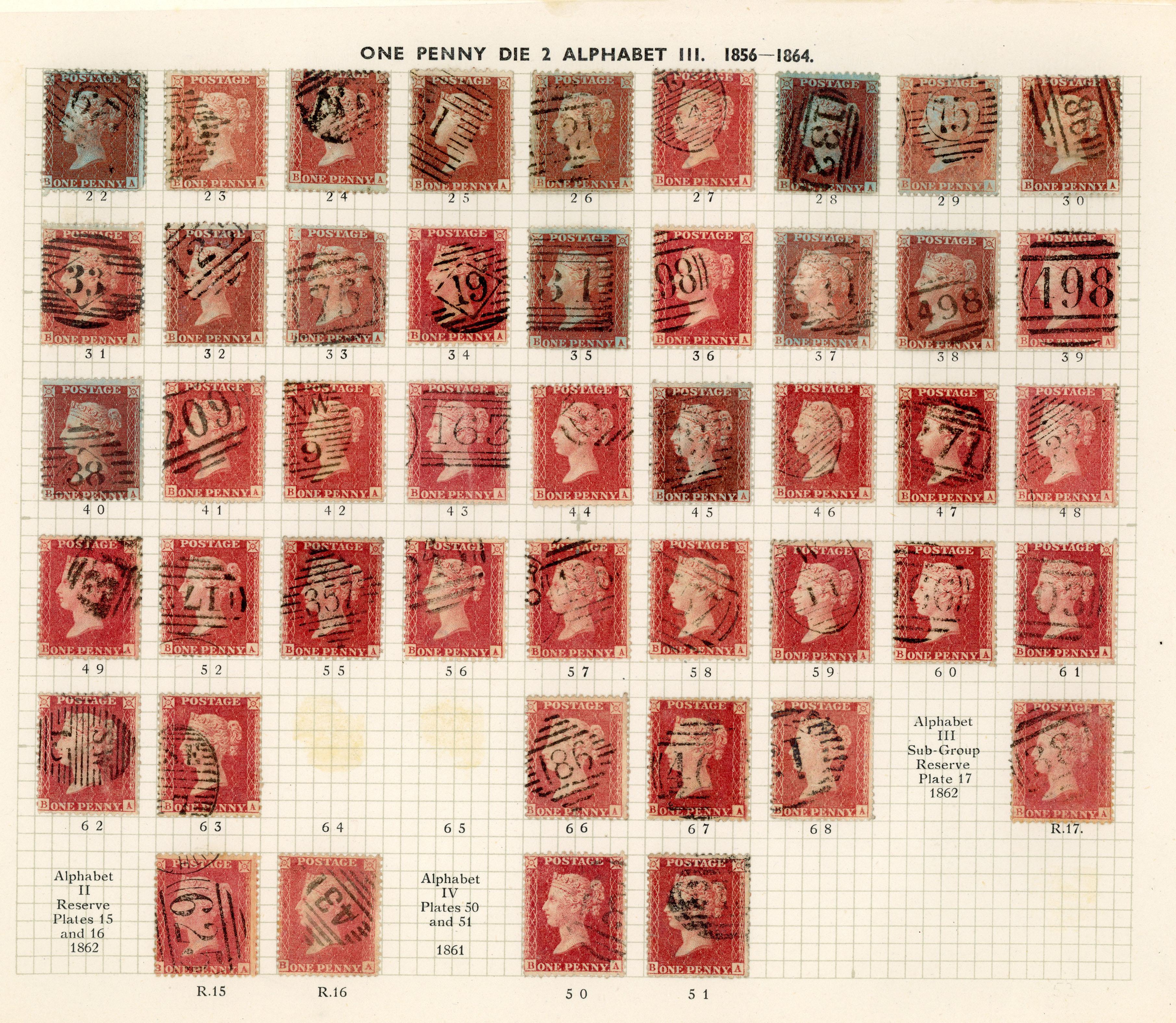 GB 1856-64 1d reds from Plates 22 - R17, the B Row