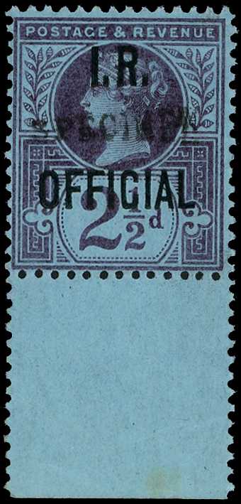 I.R. Official. 1892 2½d purple on blue...