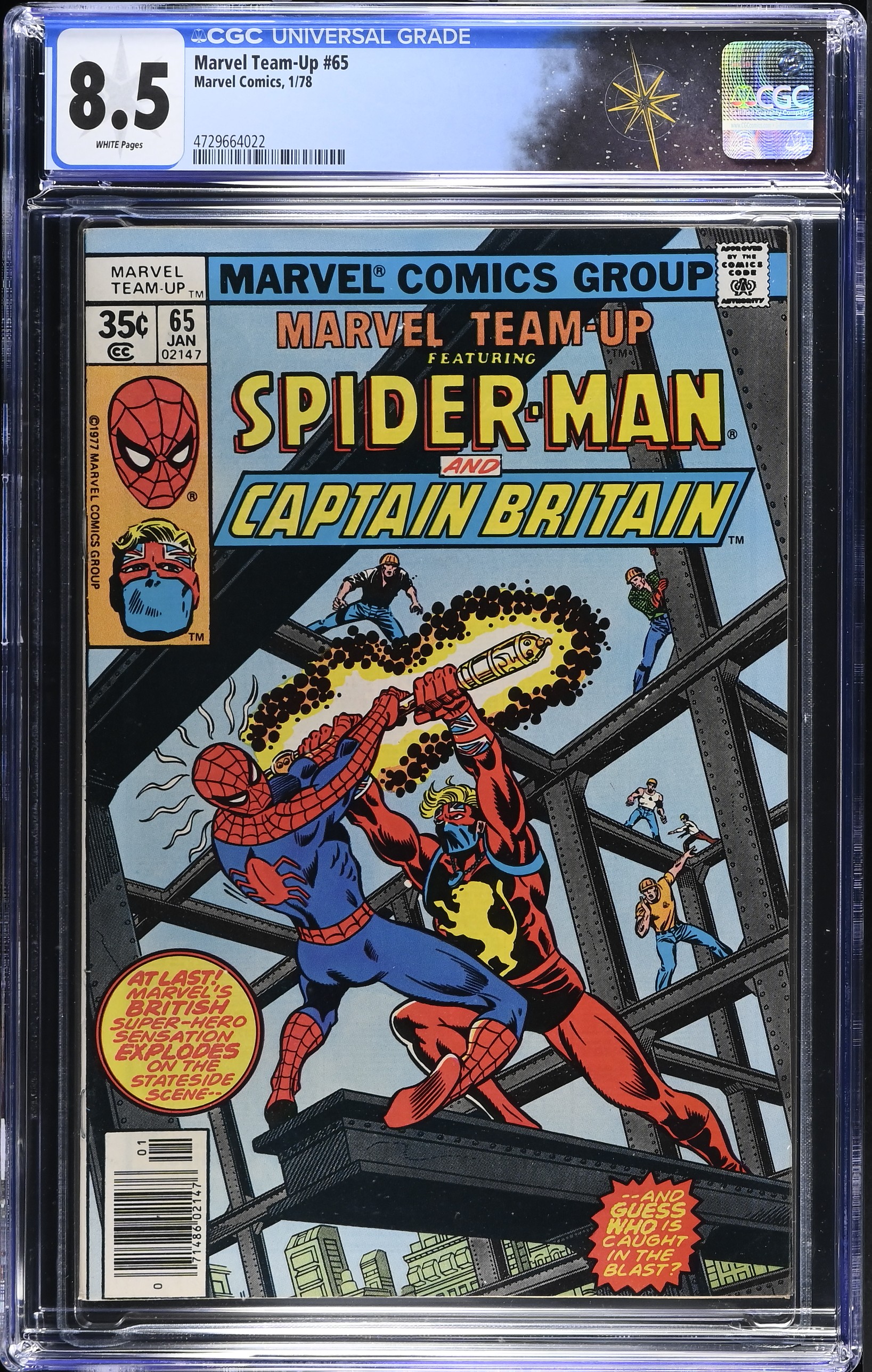 Marvel Team-Up #65 CGC 8.5 Spider-Man & Capt. Britain 1st US Appearance of Captain Britain (Marvel Comics, 1978) White Pages