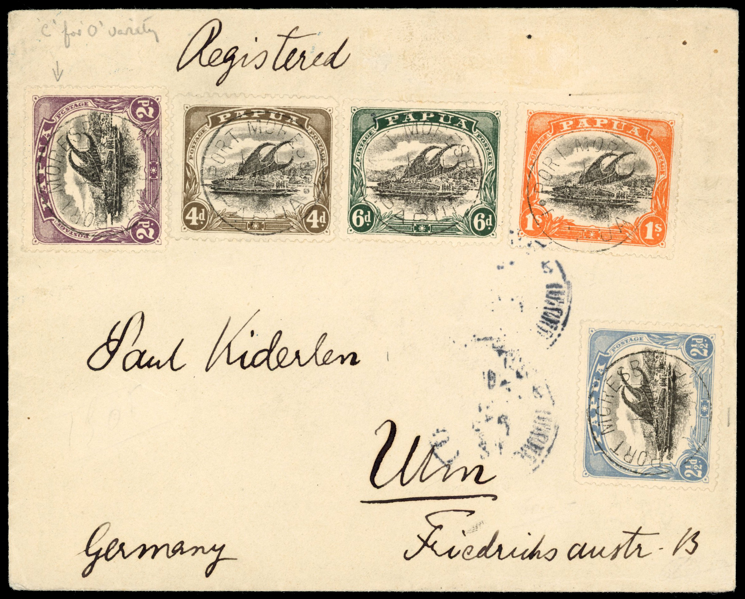 Papua SG 77a 1912 cover with 2d ‘C’ for ‘O’