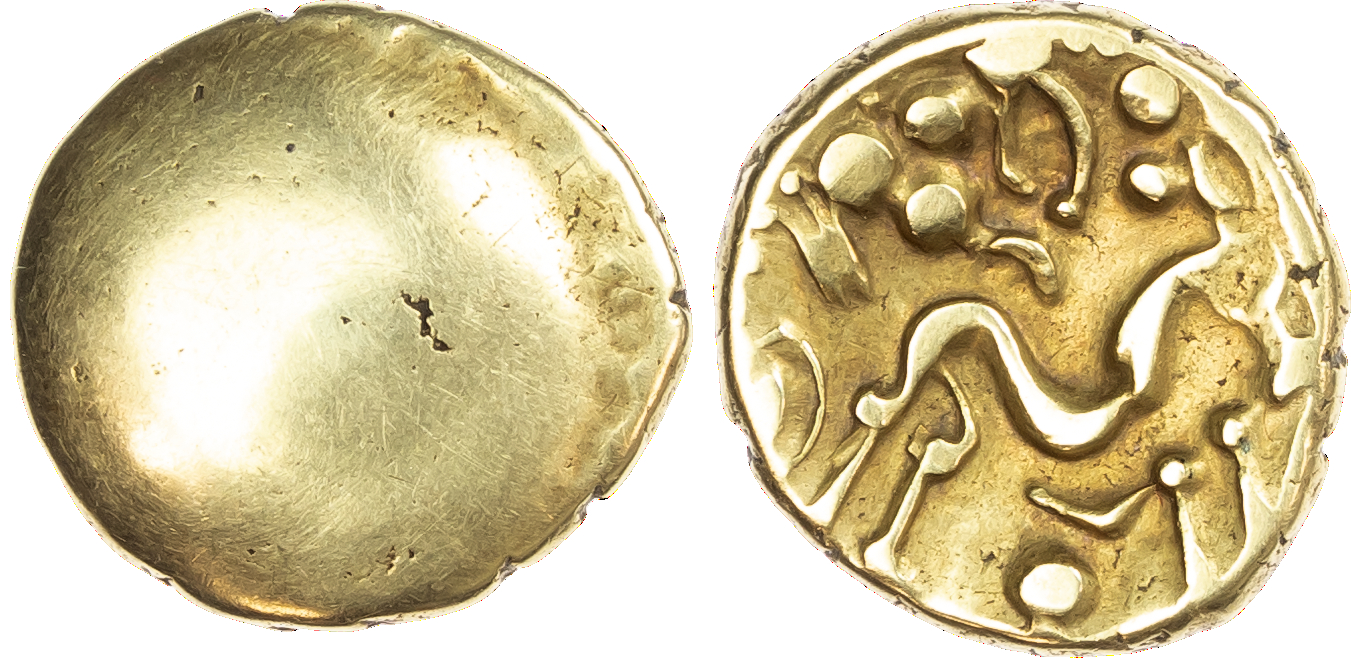 Imported Coinage, Ambiani (c. 58-55 BC) AV Stater, ‘Gallo-Belgic E’, Gallic Wars issue, 5.98g. Blank mound. Rev. Stylised