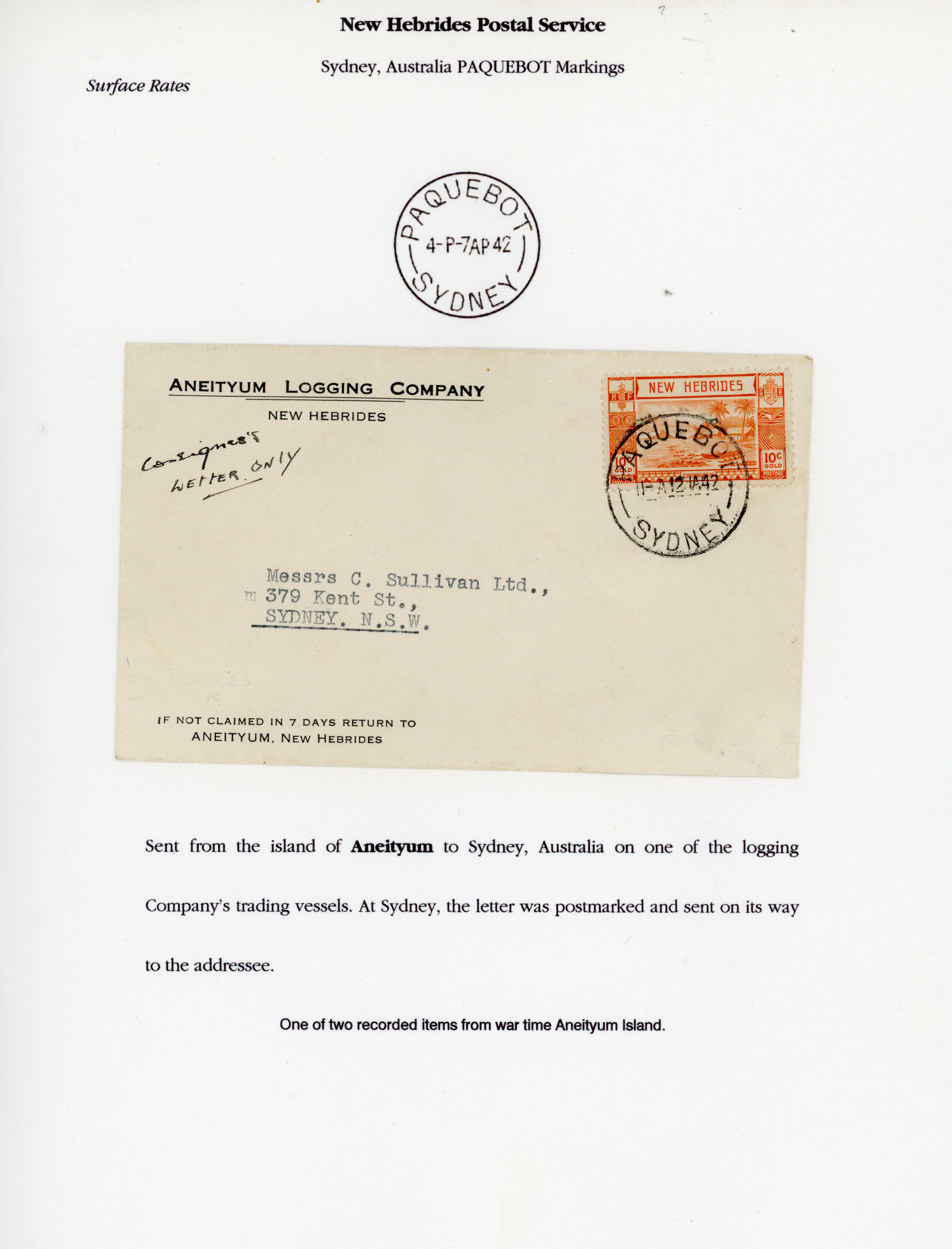 New Hebrides 1942 Aneityum Island cover