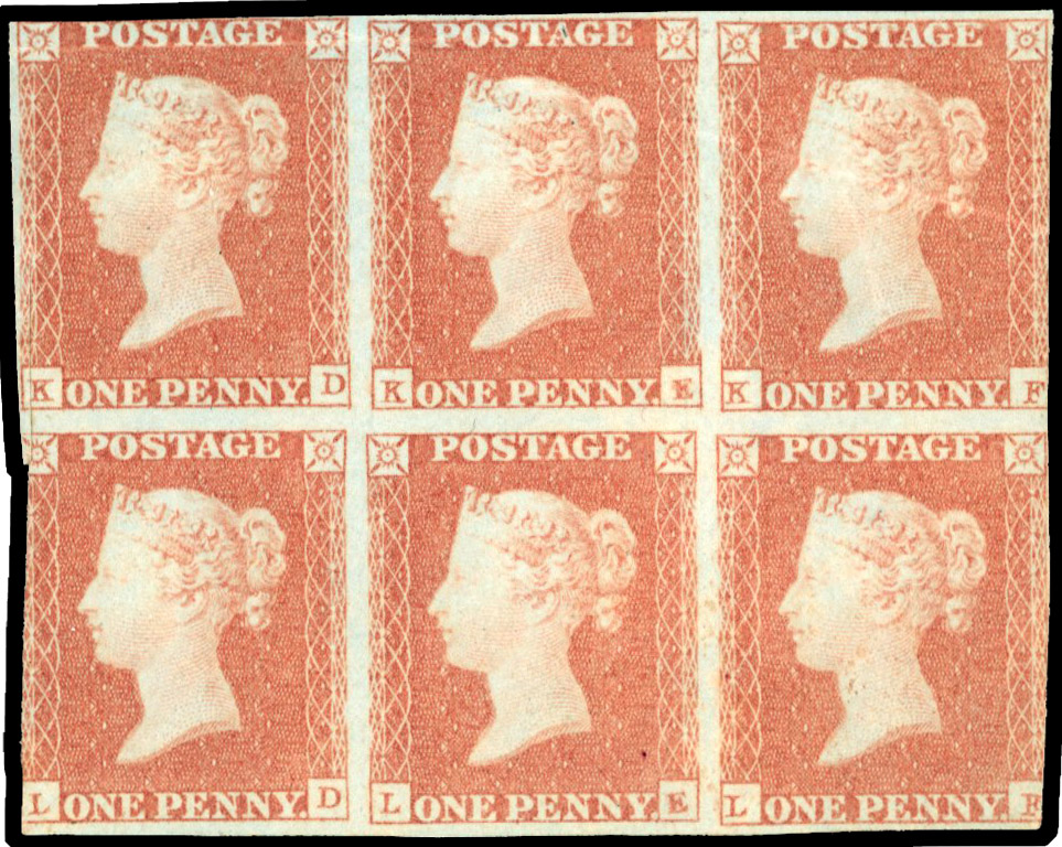 1849-50 1d red-brown, Die I, Alphabet I, plate 94 (KD-LF), block six mint