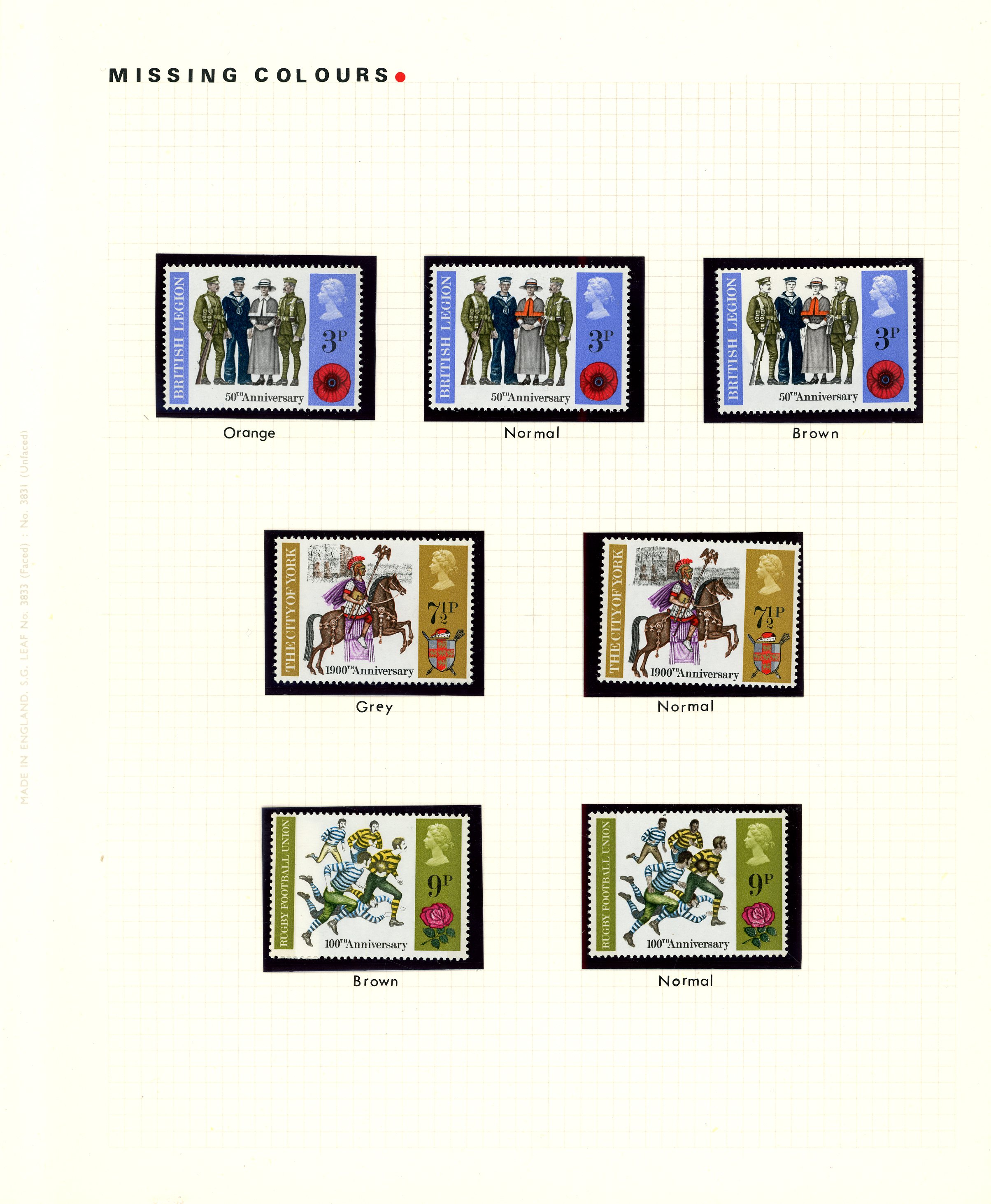 GB: 1971 Anniversaries (4th series) 3p red-orange nurse's cloak omitted, 3p olive-brown (faces etc) omitted, 7½p grey