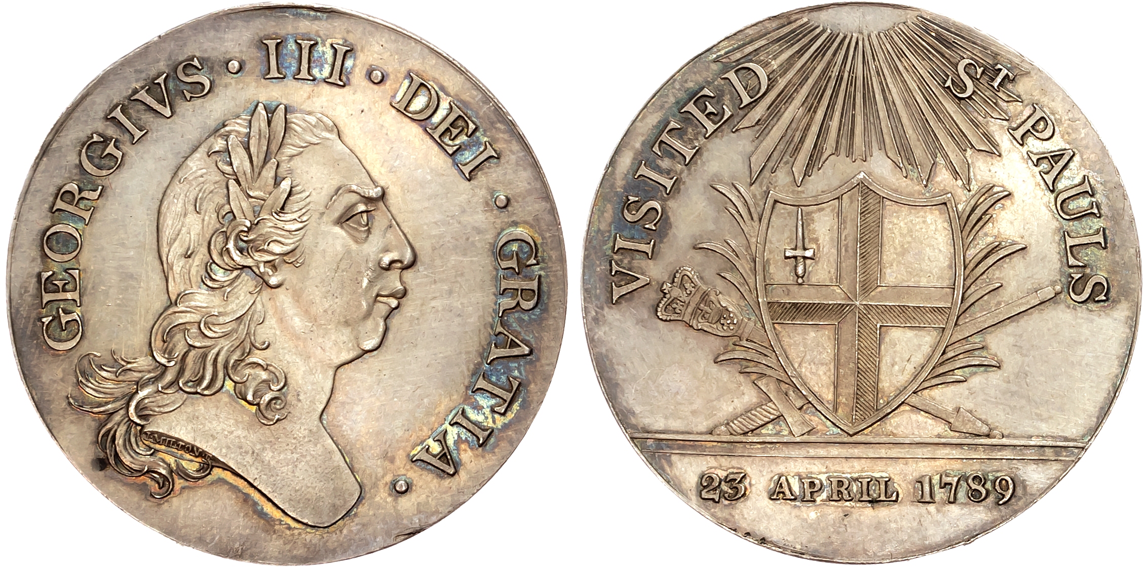 London , Political Series, Visit to St. Paul’s Silver Penny  1798, 32.75mm/9.29gm. (DH 177). Uncirculated, toning with s …