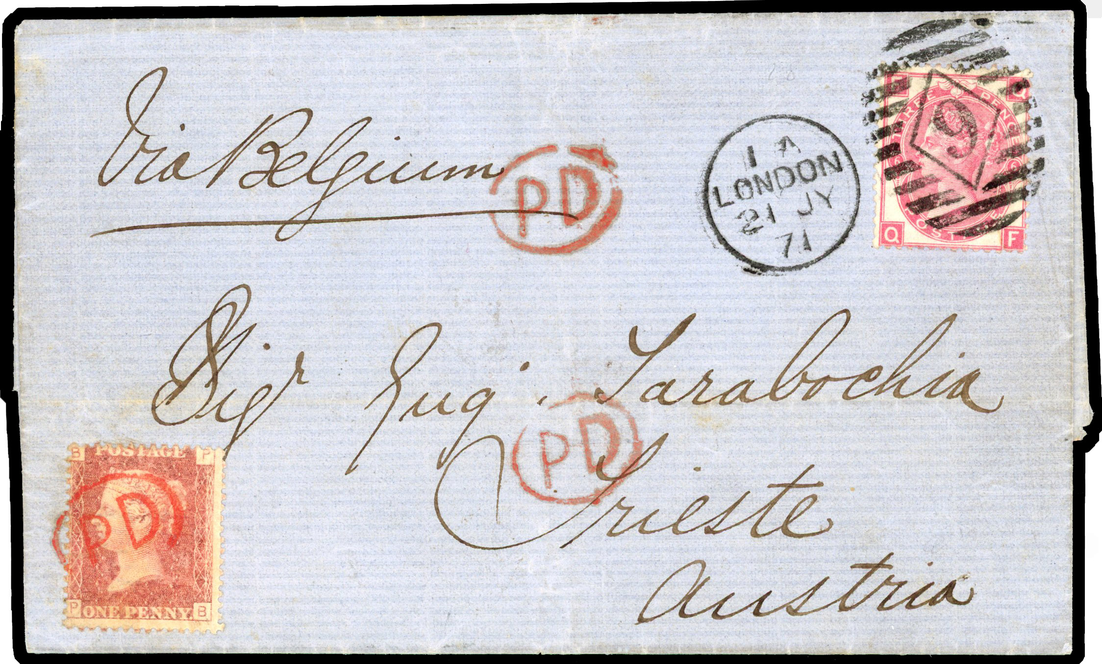 1871 Overseas Mail. Entire sent from London to Trieste 