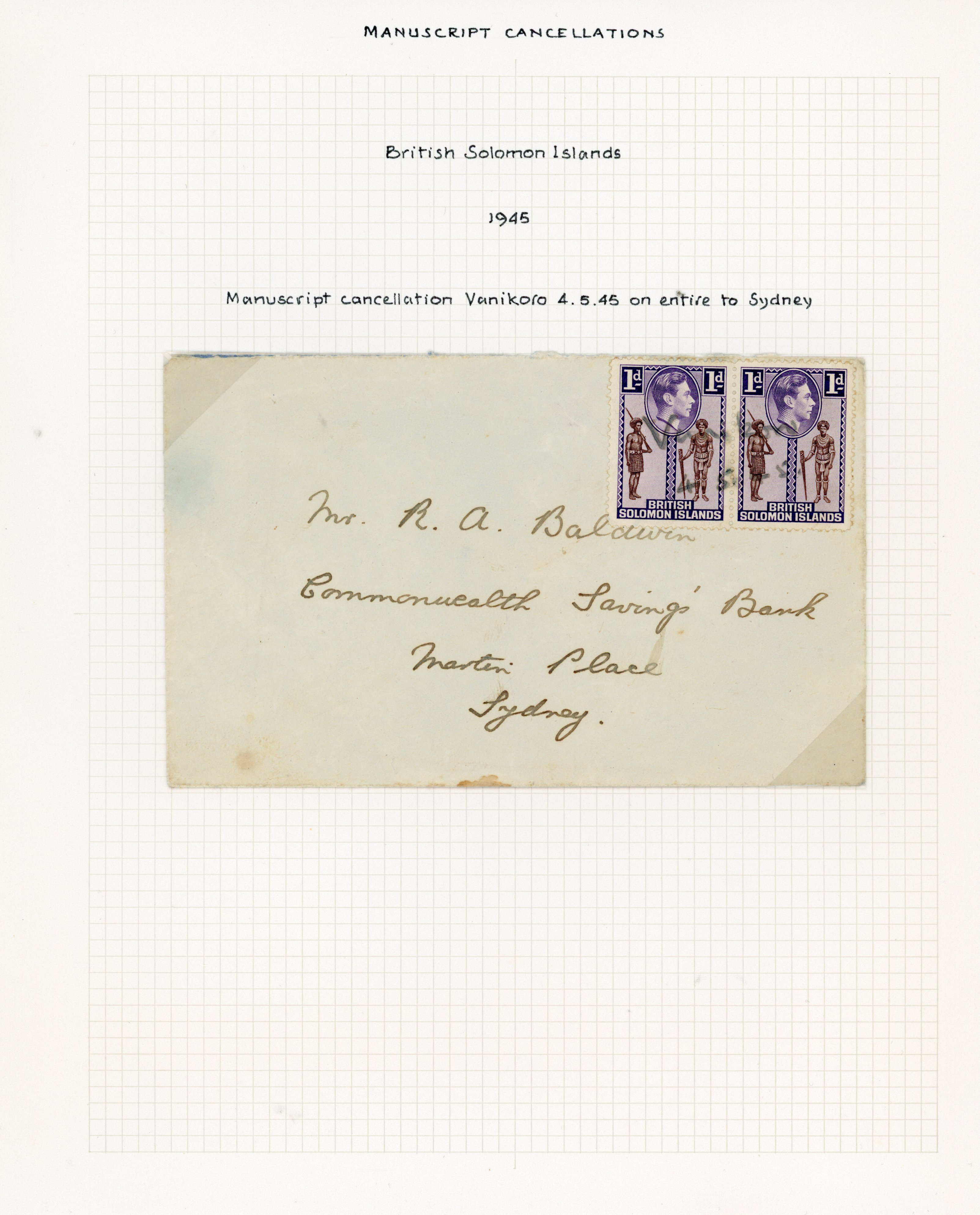 Solomon Islands 1945 cover with Vanikoro manuscript cancel