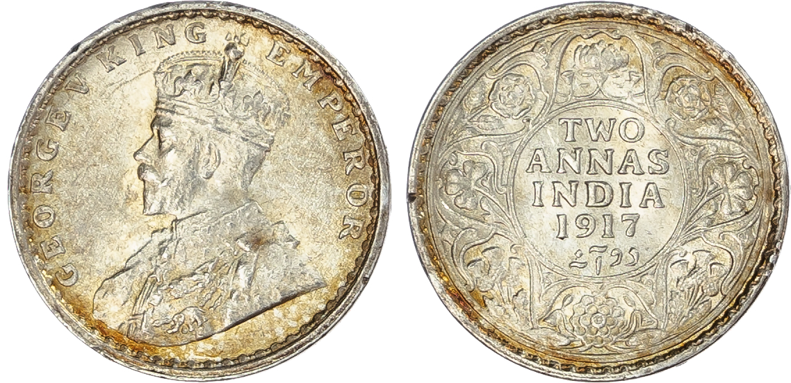 India, British Colonial. George V AR 2 Annas. 1917. 