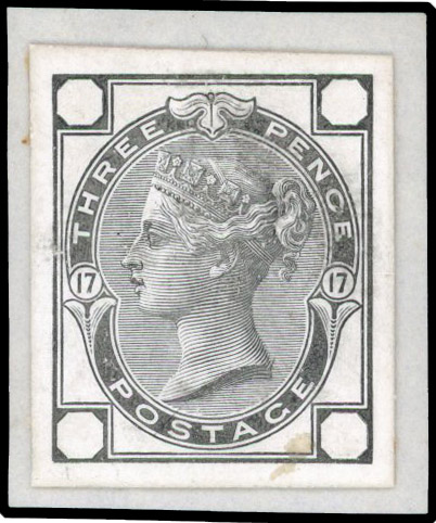1875 3d rose, plate 17, striking book die proof printed in black on white glazed card