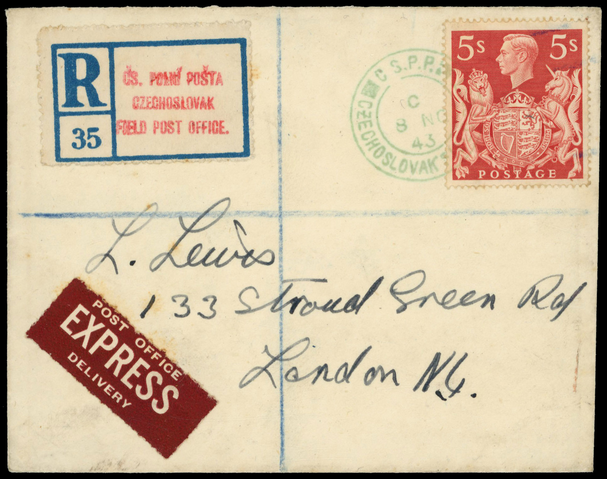 GB 1943 Czech Army in London 5s registered express cover