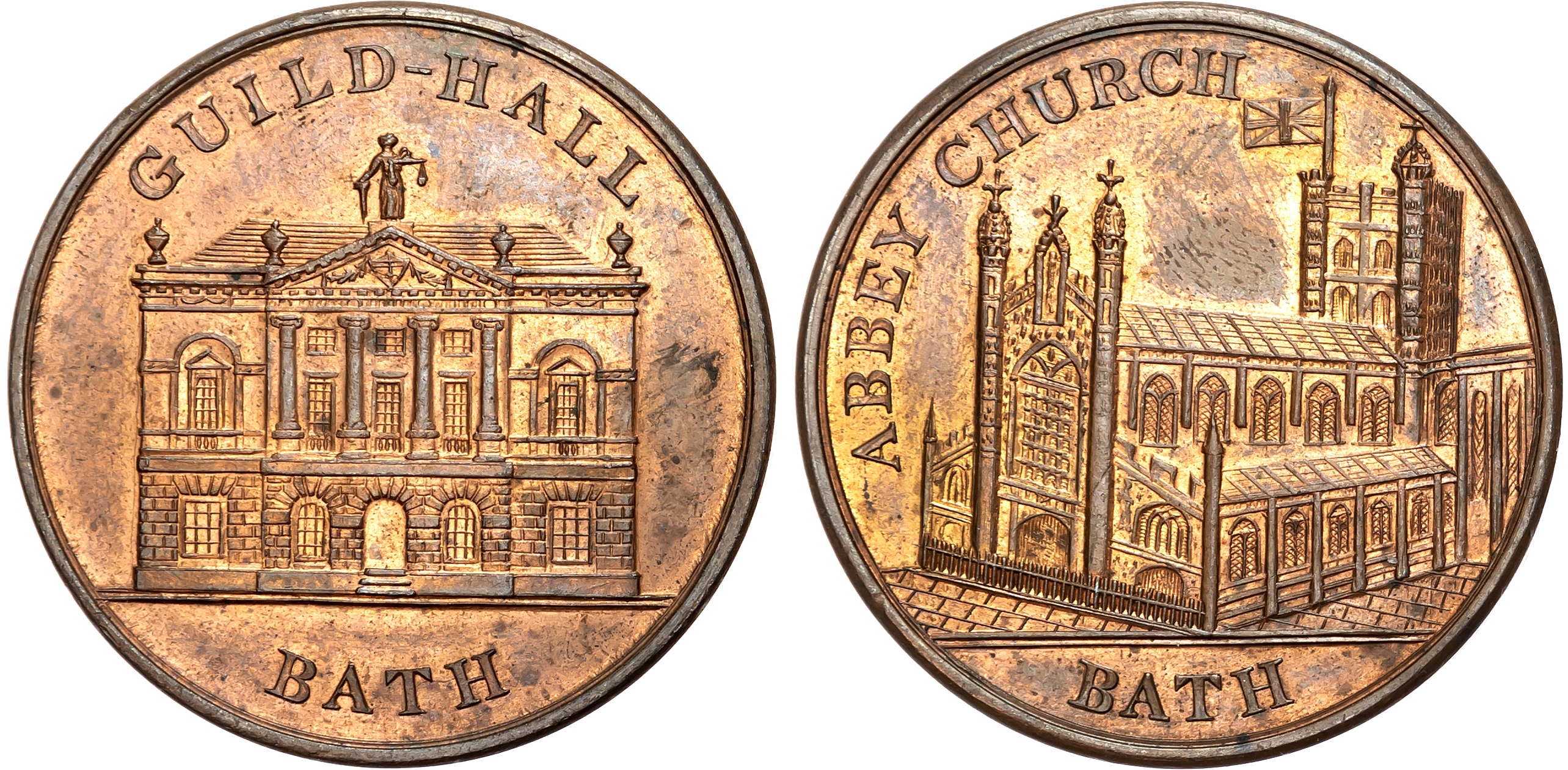 Som. Bath, Lutwyche’s Penny/medalet (1790s), View of Abbey Church, rev. View of Town Hall , edge plain, 32mm/23.74gm. (D …