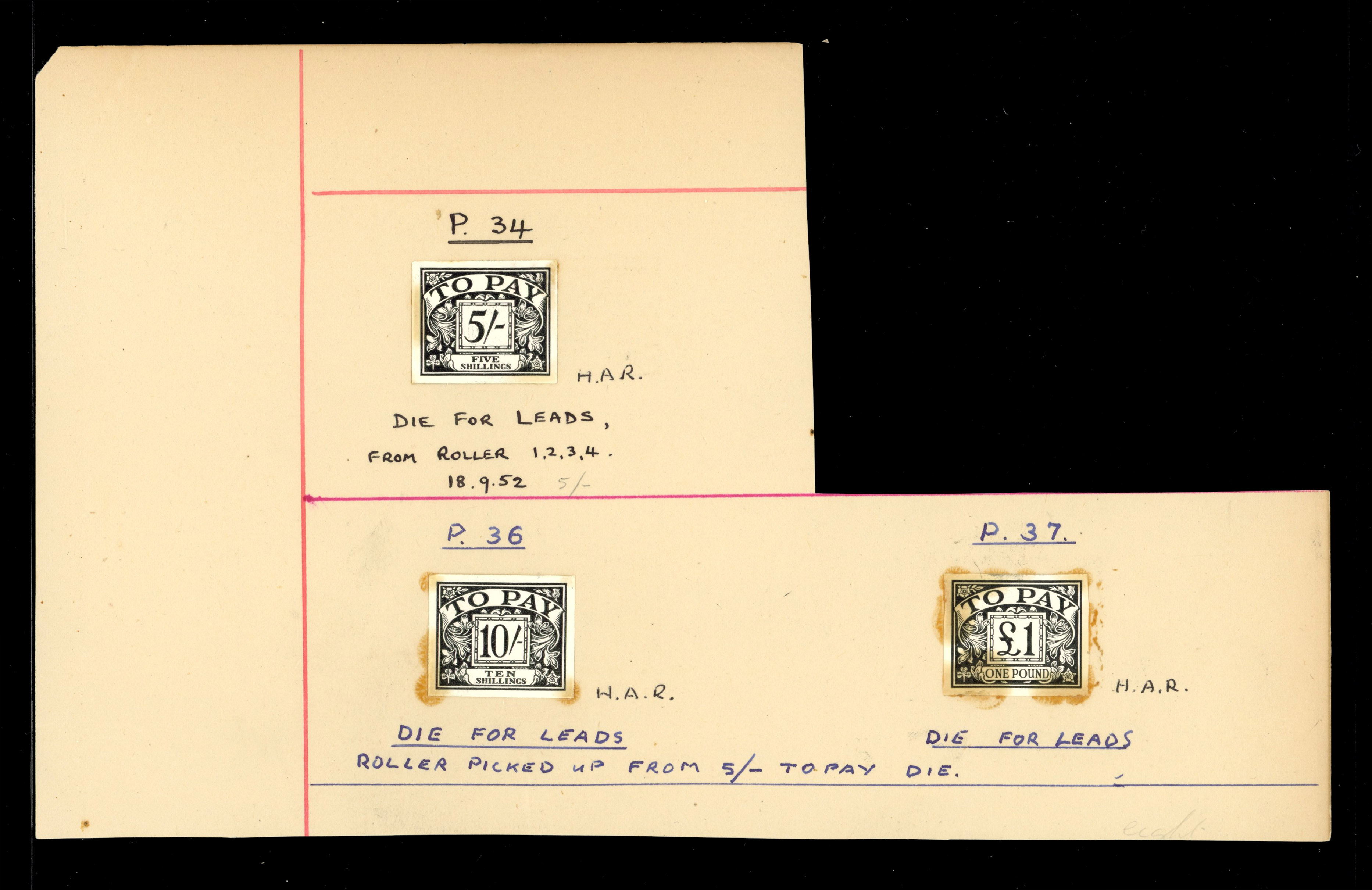 Postage Due. 1952 5s, 10s, £1 die proofs, SG D66/D68var.