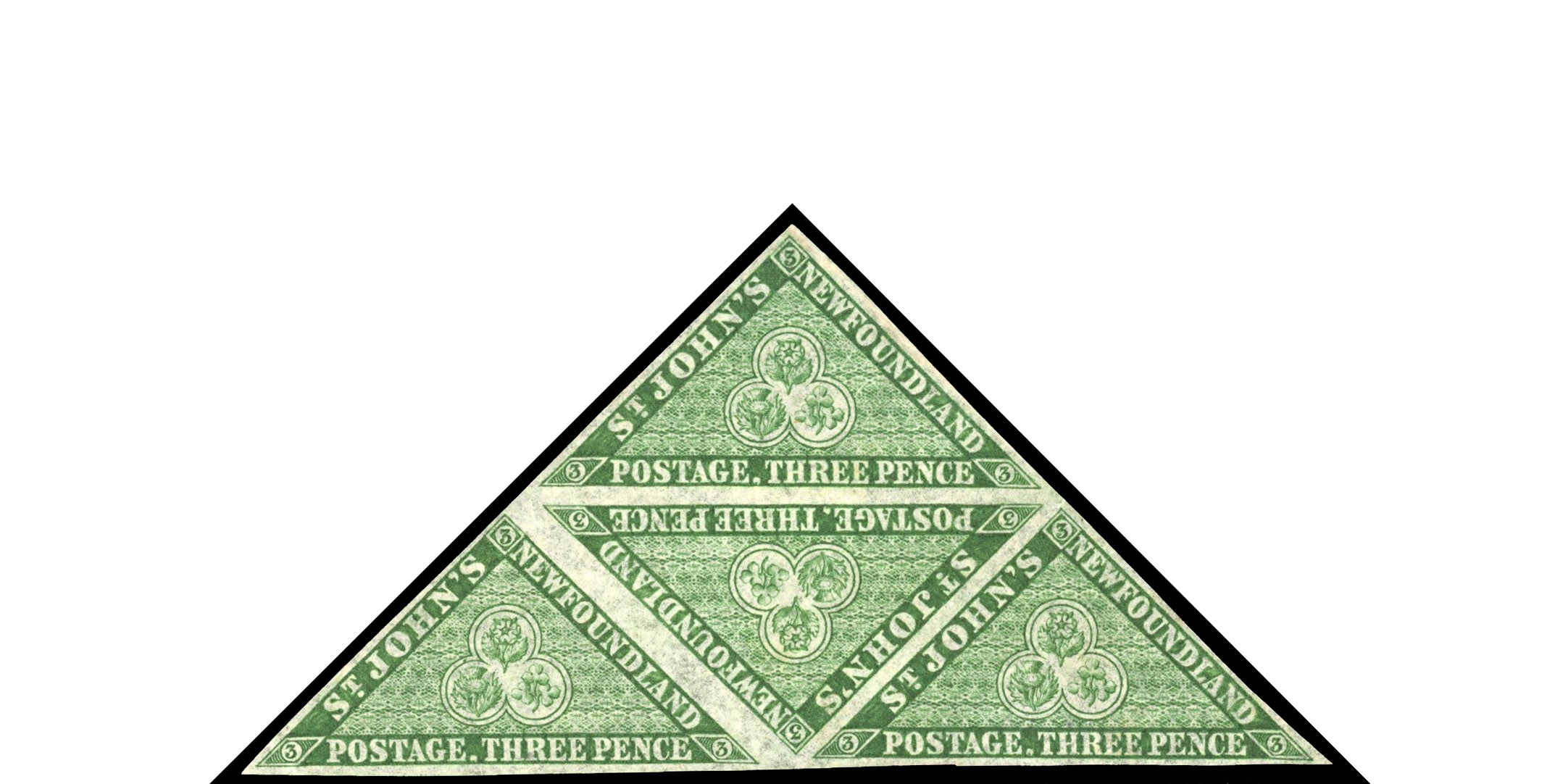 Newfoundland SG 11 3d green triangular block of four mint 