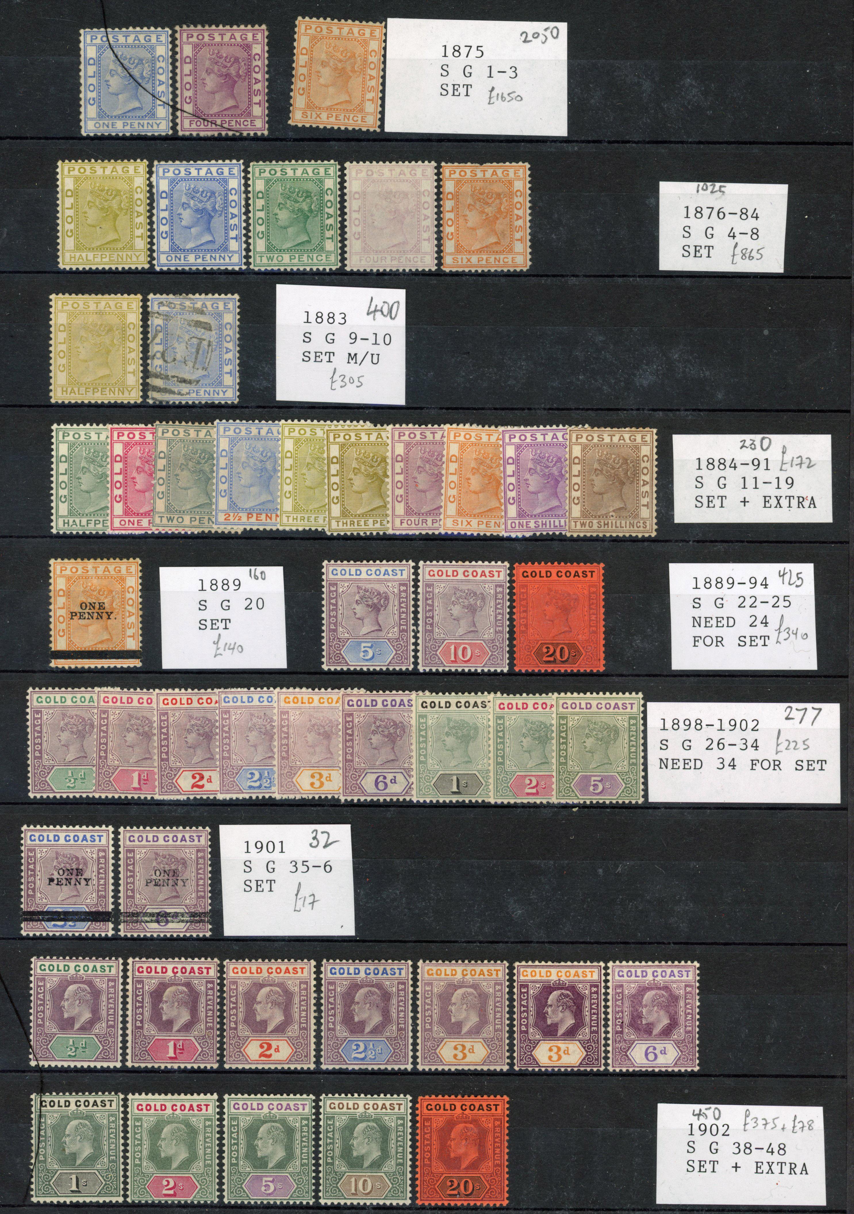GOLD COAST: Mint on cards including 1875 to 6d, 1876 to 6d, 1882 ½d olive-yellow, 1d blue (used), 1884 to 2s, 1889 1d on