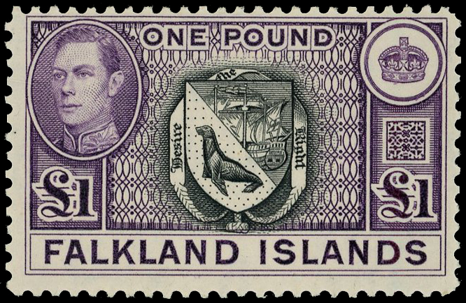 Falkland Islands £1 in black and reddish violet 1938 printing, unmounted o.g. SG 163, Heijtz 93b