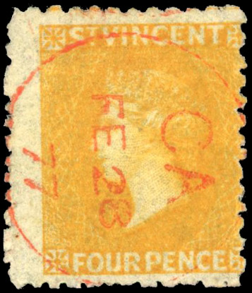 St Vincent SG 12 1869 4d yellow with red CA abbreviated village cancel