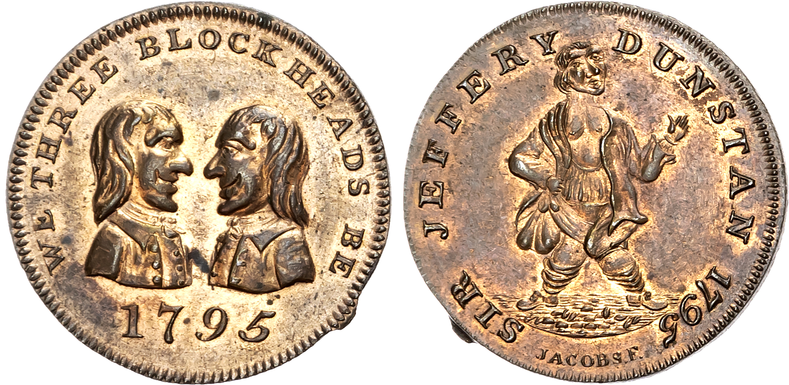 London, Smithfield Mathew Denton ‘Advertising Farthing’ 1795, Two men grimacing, vis-à-vis, rev. dwarf standing ‘Sir Jef …