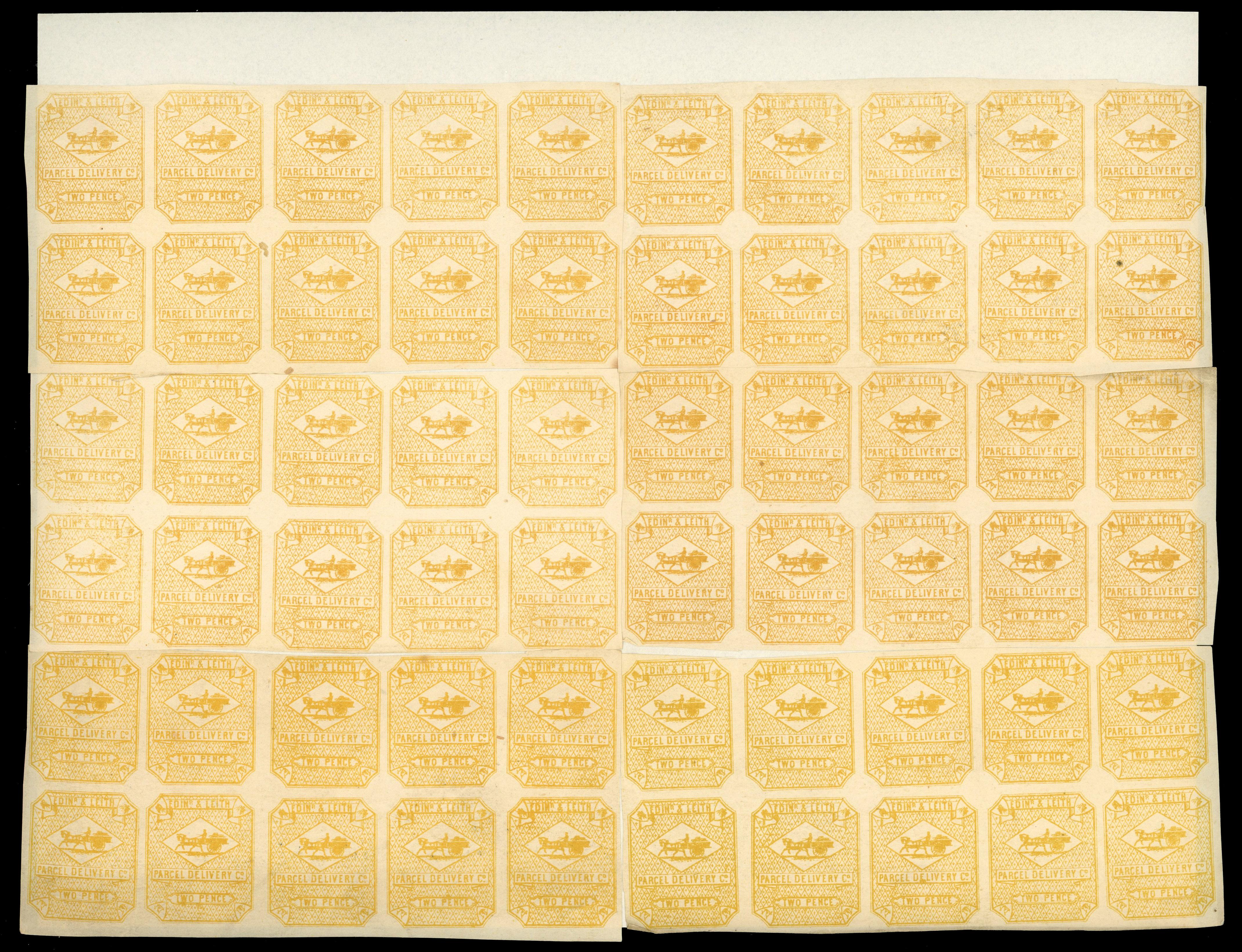GB Circular Delivery Companies. Edinburgh and Leith 1866 2d yellow, mint imperforate reconstructed sheet of sixty (10x6)
