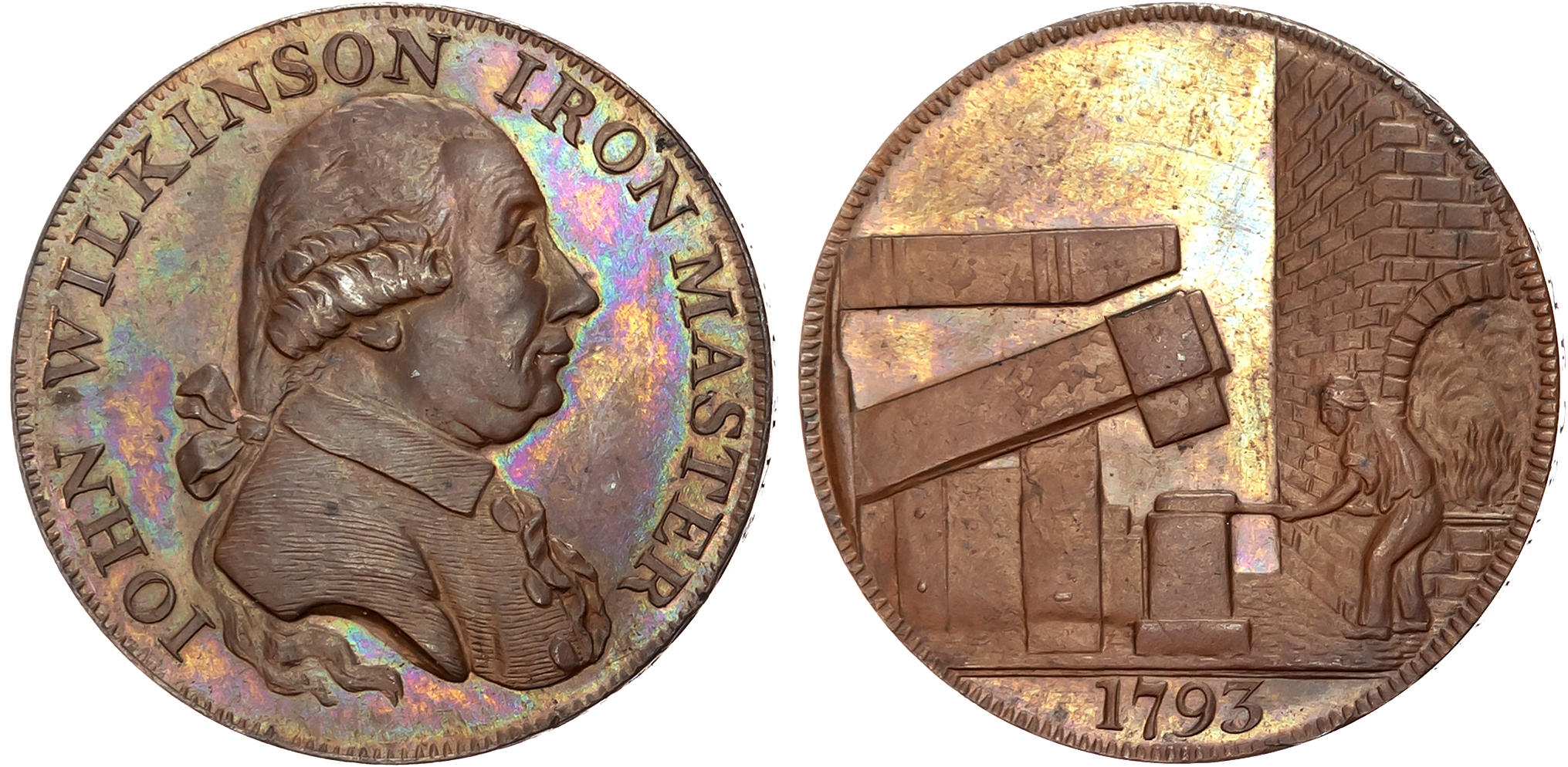 West Midlands , Willey and Snedshill , John Wilkinson proof Halfpenny 1793, Bust of Wilkinson right, rev. man at a drop  …