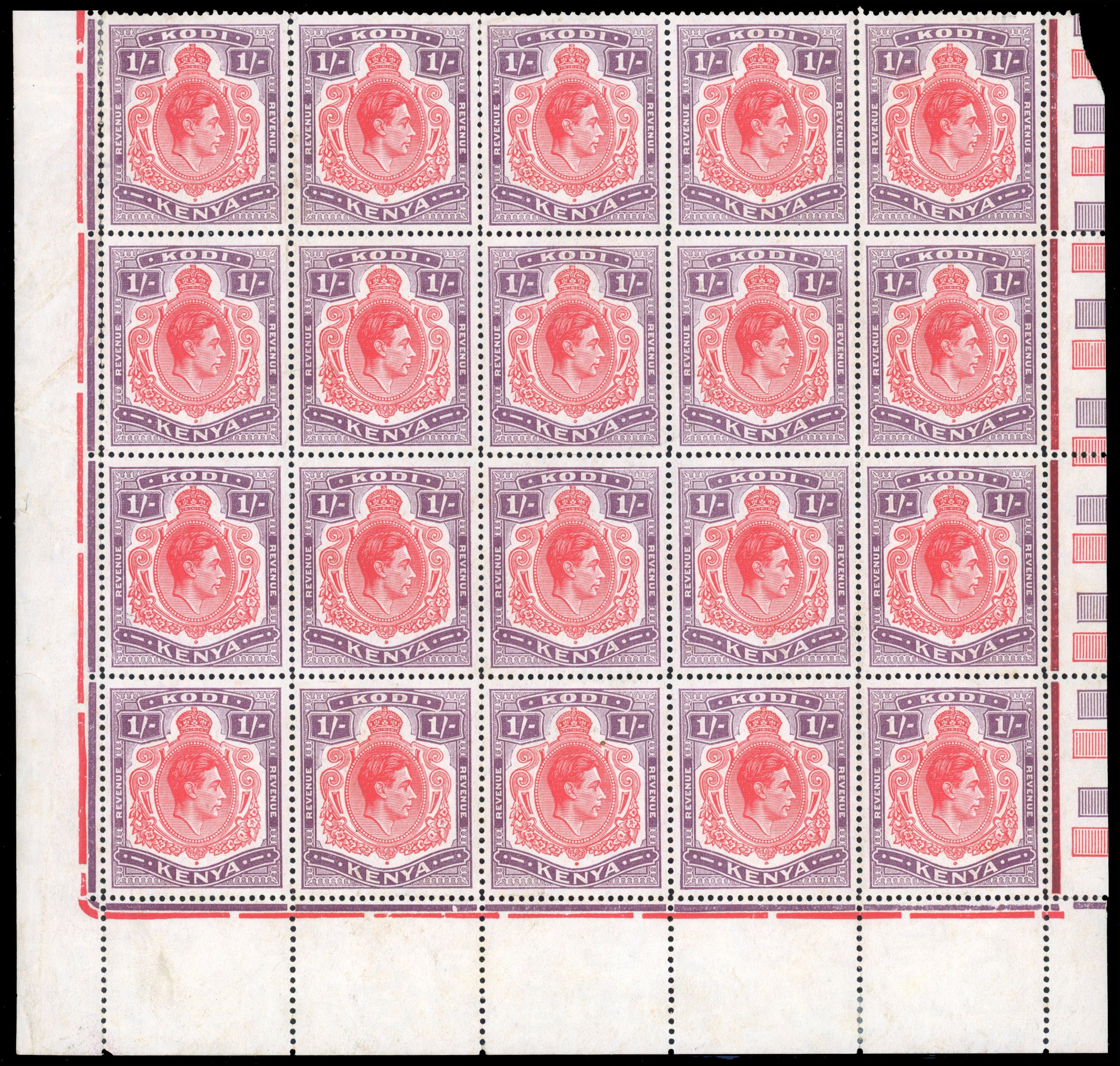Kenya Kodi 1950 1s perf 13 block of twenty mint