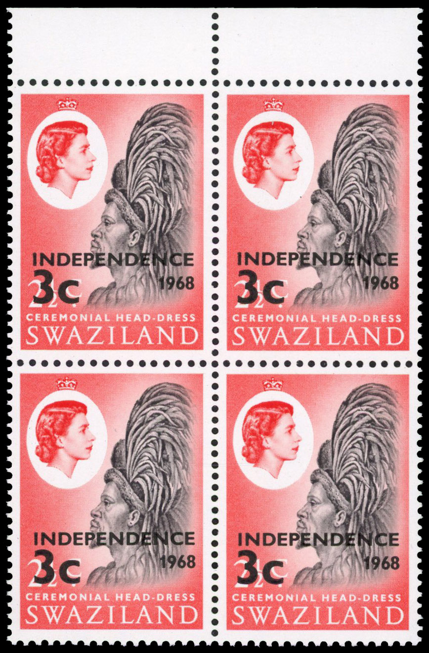 SWAZILAND: 1968 3c on 2½c Headdress, top marginal block of 4, watermark inverted, fine unmounted o.g. SG 146w