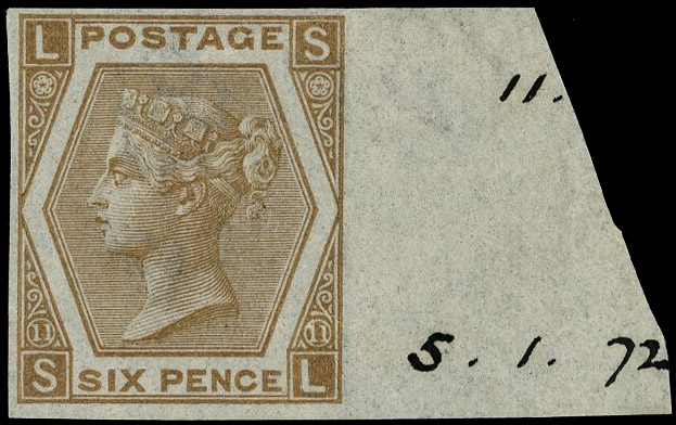 1872 6d Chestnut Pl.11. Very fine unused imperforate right hand marginal imprimatur lettered SL. Endorsed in margin with…