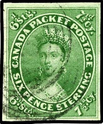 1852-57 7½d yellow-green, imperf, good to large margins, cancelled