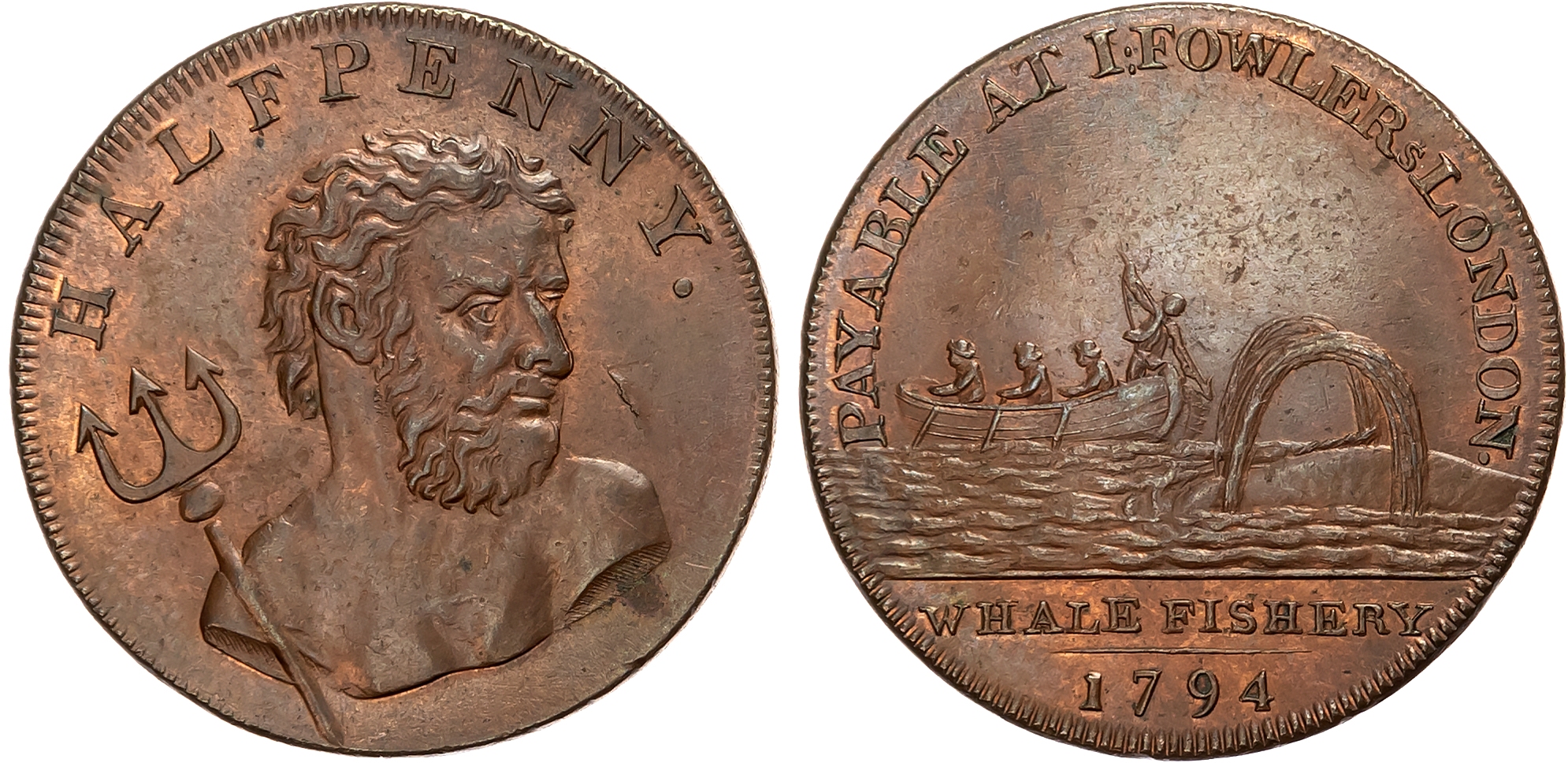 London, Long Acre , John Fowler (oil merchant) Halfpenny 1794, Bust of Neptune half right, rev. Whale fishing scene edg …