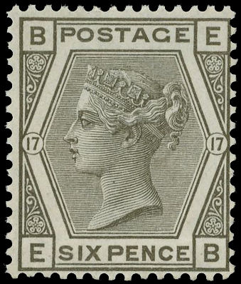 1873-80 6d grey, plate 17 (EB), fine large part og