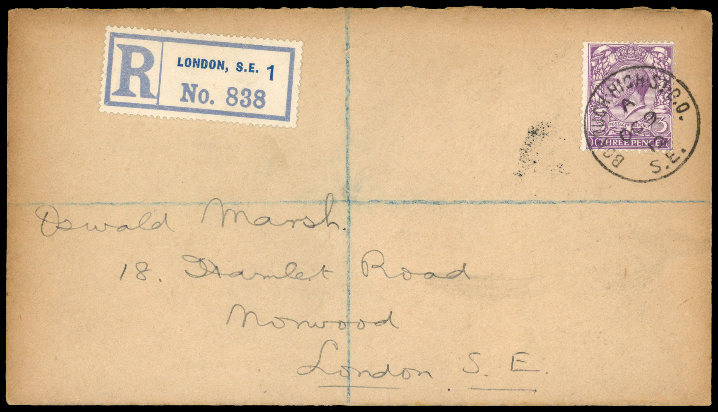 1912 3d Violet. Very fine used example tied to a plain 'Marsh' registered envelope FIRST DAY