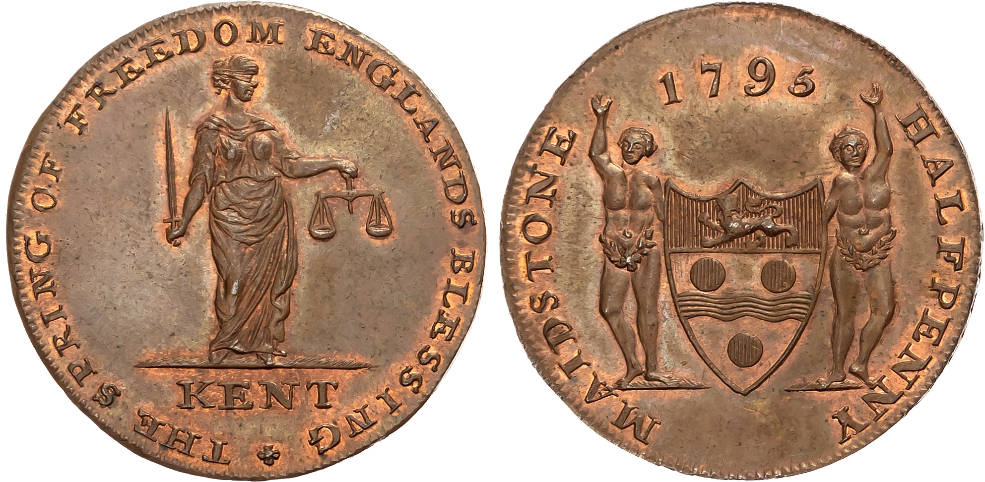 Kent. Maidstone , Henry Oliver (cutler) Halfpenny 1795, Justice standing, rev. Arms and supporters of Maidstone, edge P …