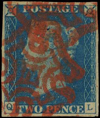 1840 2d blue, plate 1 (QL) 4 margins,...