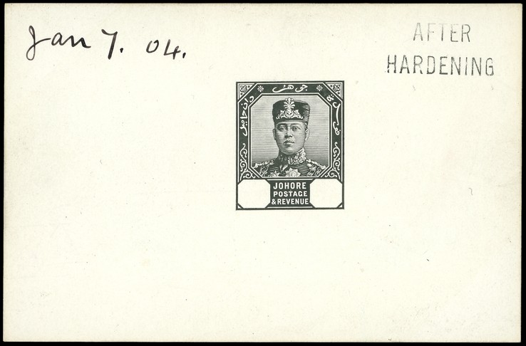 1904 series Master Die Proof in black on glazed card (92 x 60mm) with blank value tablets, marked AFTER HARDENING and...