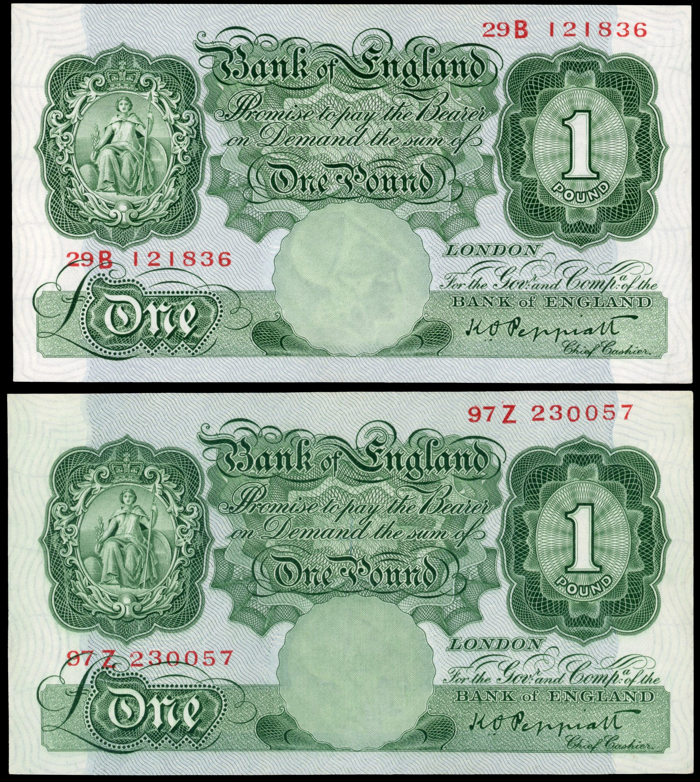 Bank of England, K O Peppiatt, One Pound Oct. 1934, 29B 121836 and 97Z 230057 – the first and last of the seri…