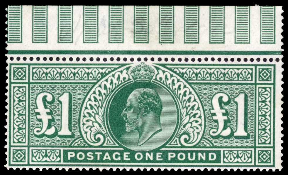 1911 £1 deep green, top marginal example, fine unmounted o.g. SG 320