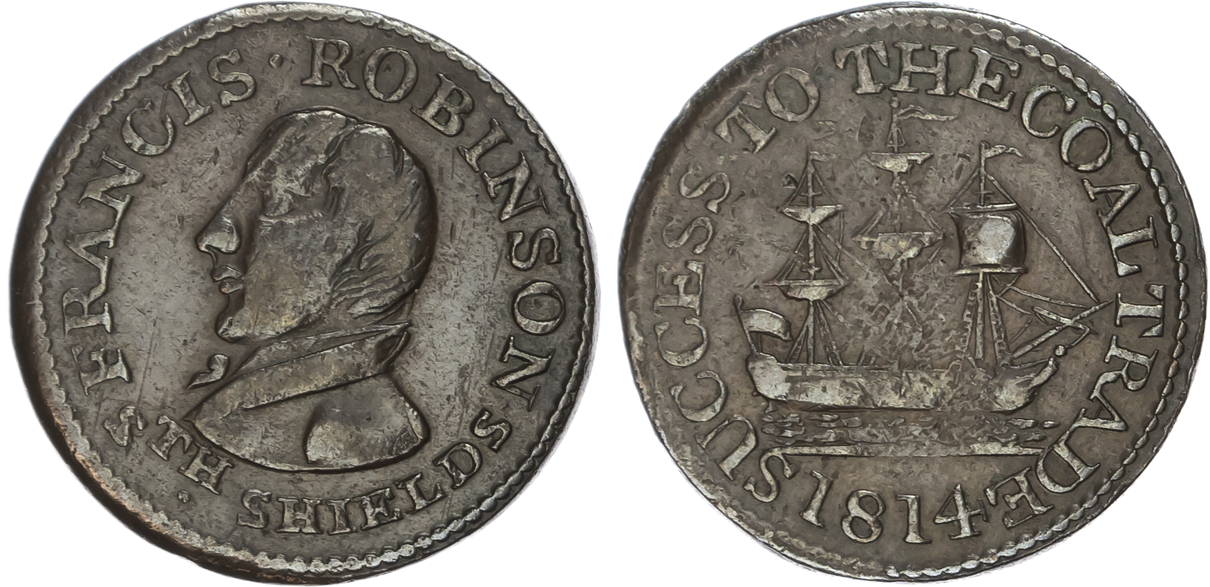 SOUTH SHIELDS, Co. Dur. Francis Robinson (coal merchant?) Farthing 1814, His draped bust left, rev. coal ship,…