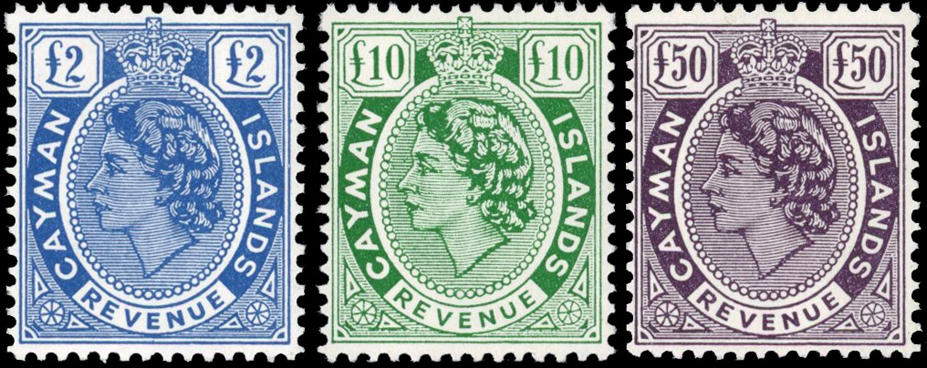 Cayman Islands QE II Revenues. 1961 £2 blue, £10 green and £50 dark violet