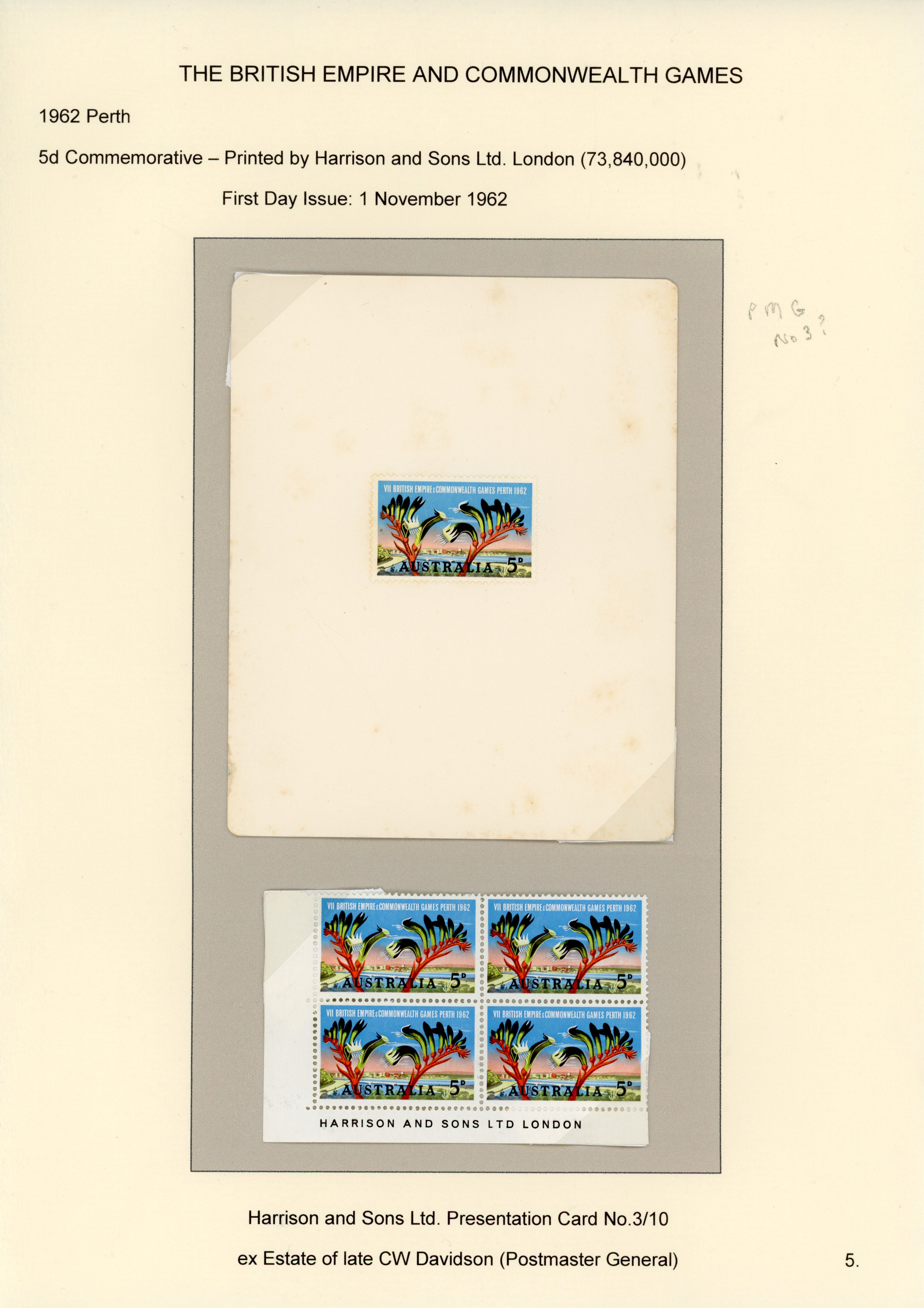 Australia 1962 Commonwealth Games Harrison & Sons Presentation cards