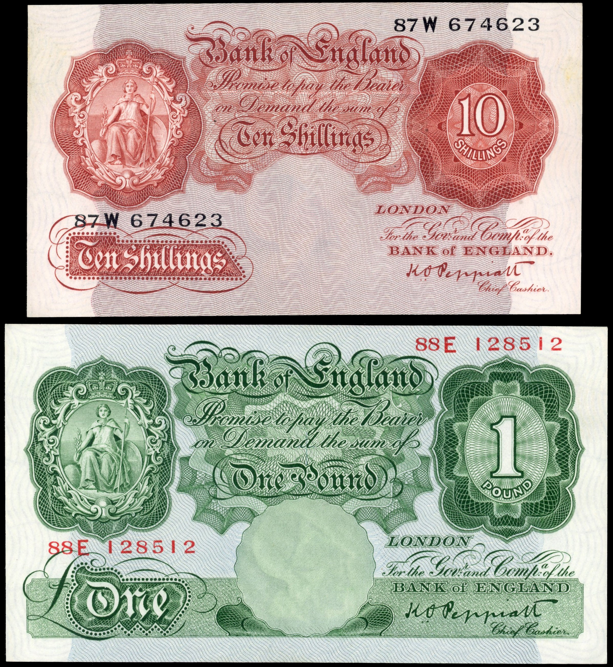Bank of England, K O Peppiatt, Ten Shillings Oct. 1934, 87W 674623, (Dugg. B236); One Pound Oct. 1934, 88E 128…